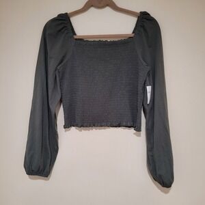 GAP Olive Green Smocked Square Neck Long Sleeve Crop Top Blouse Medium NWT